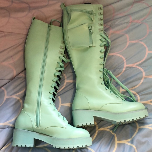 Dolls Kill Shoes - Dolls Kill Mint Obsidian Pocket Knee High Combat Boots